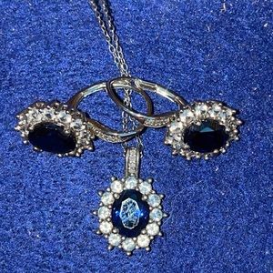 Oval lab-created blue and white sapphire with diamonds earring & necklace set